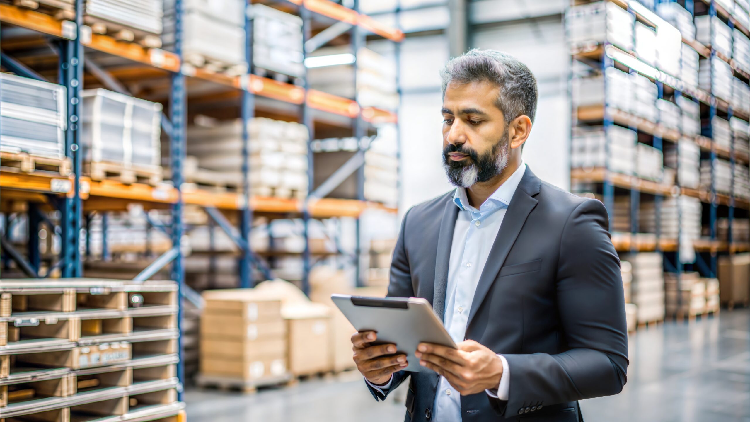 Man reviewing tablet information in a warehouse