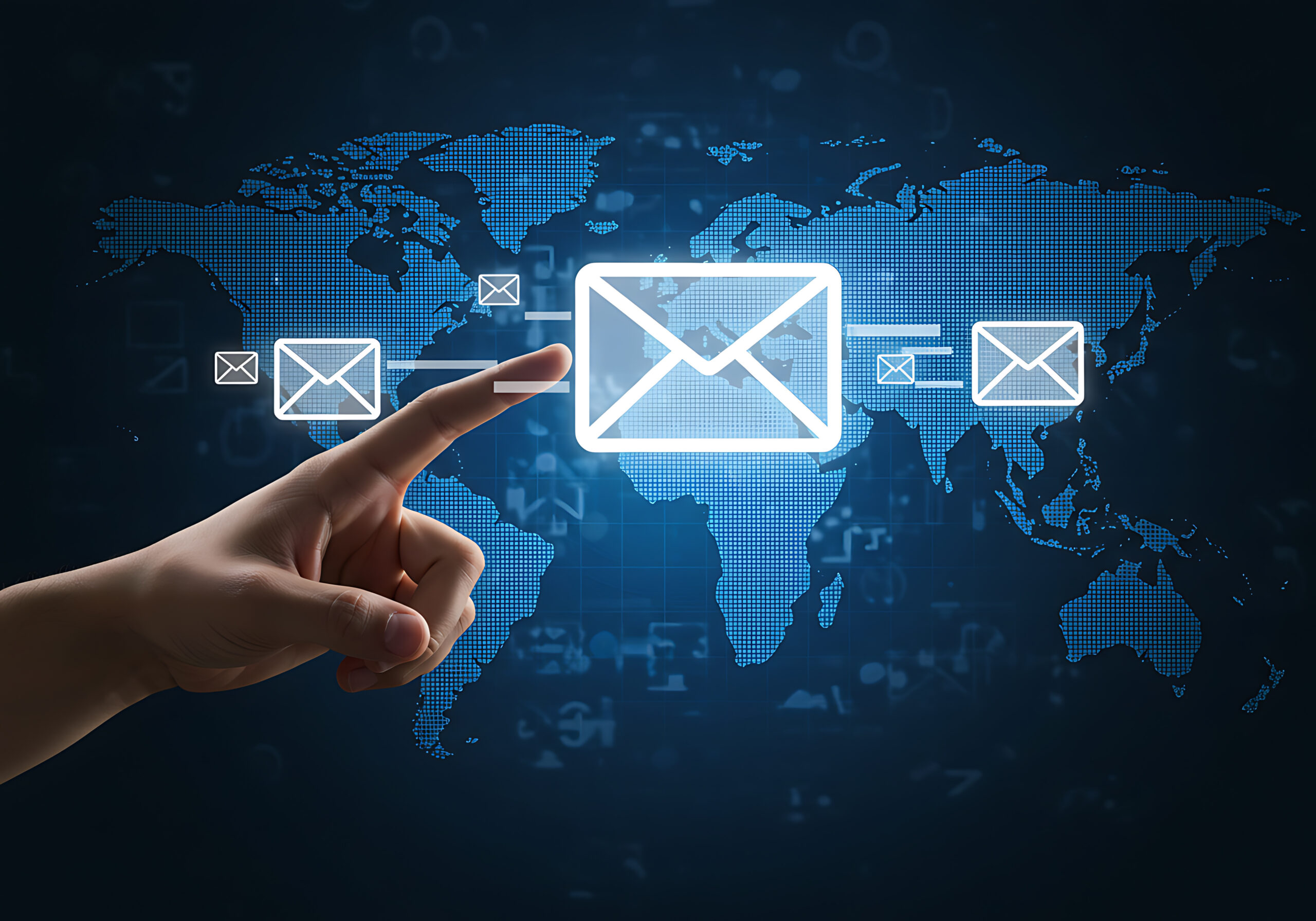 Person pointing to envelope over world map
