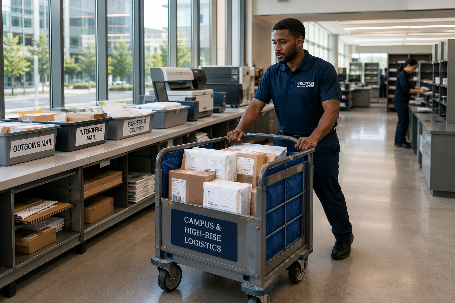 Man pushing cart filled with mail and packages